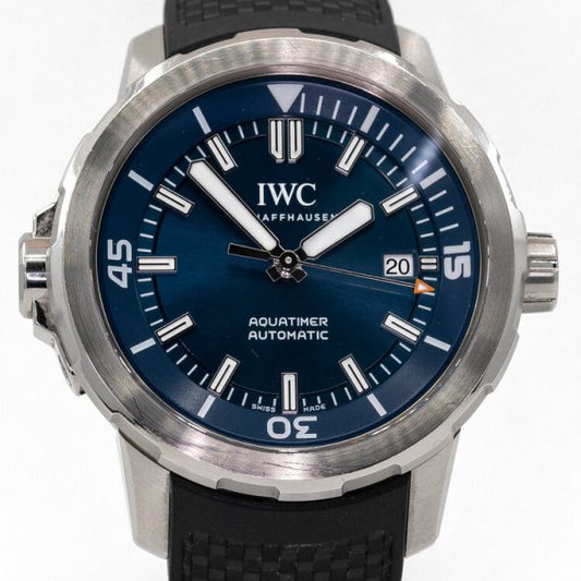 IWC Aquatimer Expedition Jacques-Yves-Cousteau IW329005 Steel Automatic Watch; 42mm brushed stainless steel case with deep blue dial, white baton hour markers, date aperture at 3, unidirectional rotating Safe-Dive bezel, screw-down crown and helium escape valve. With special engraved case back, on a black rubber strap with tang buckle