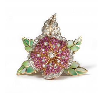Ruby, Diamond and Plique A Jour Enamel Flower Brooch; pavé set ruby petals accented with old-cut and eight-cut diamonds and with green plique à jour enamel leaves, in silver and gold