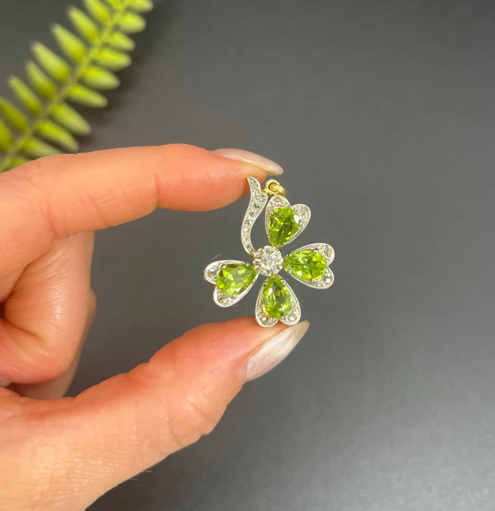 Antique 18ct Gold & Platinum, Edwardian Peridot and Diamond 4 Leaf Clover Pendant, Lucky Shamrock