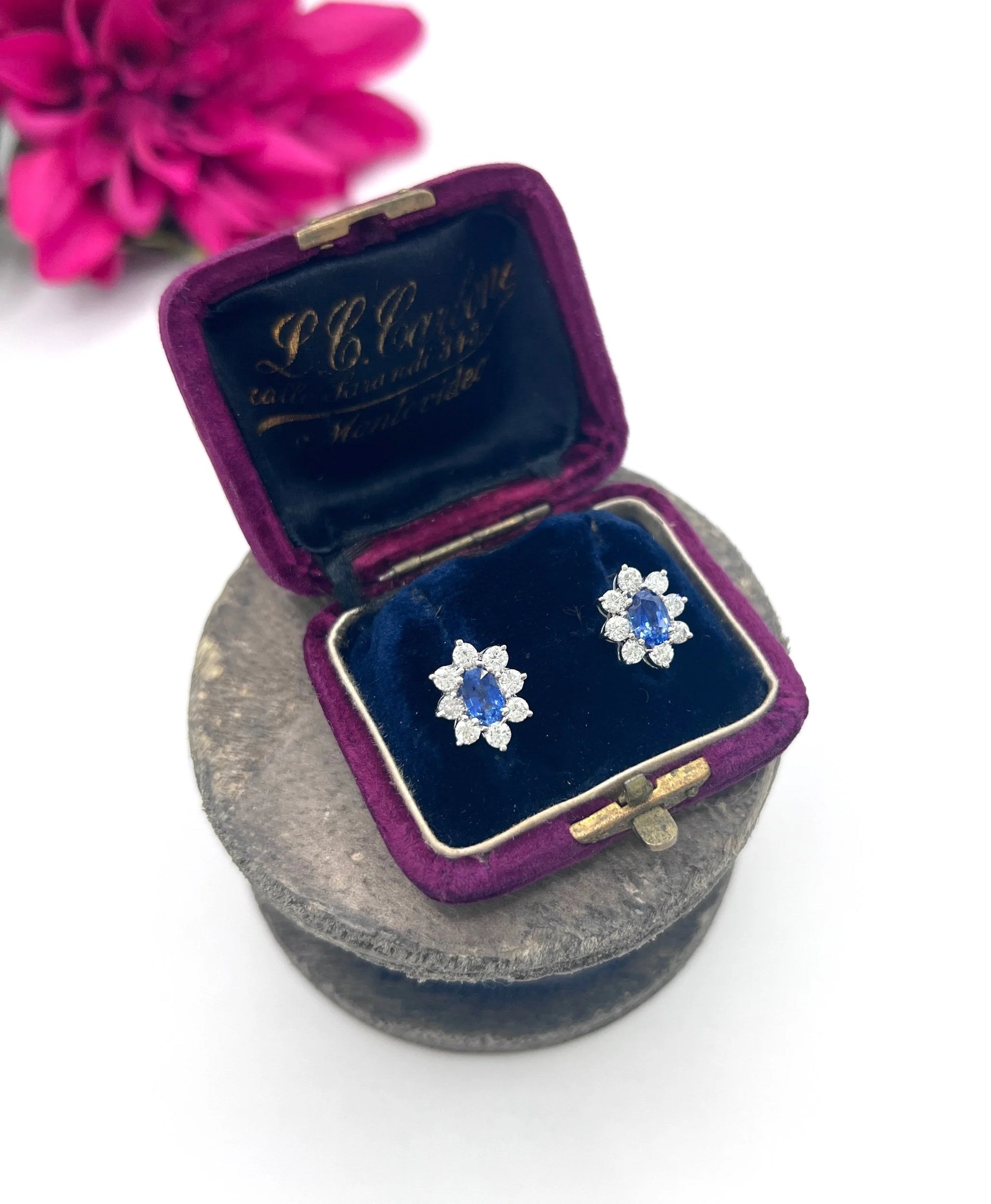 Vintage 18 ct White Gold, 1980's Natural Sapphire And Diamond Oval Cluster Earrings