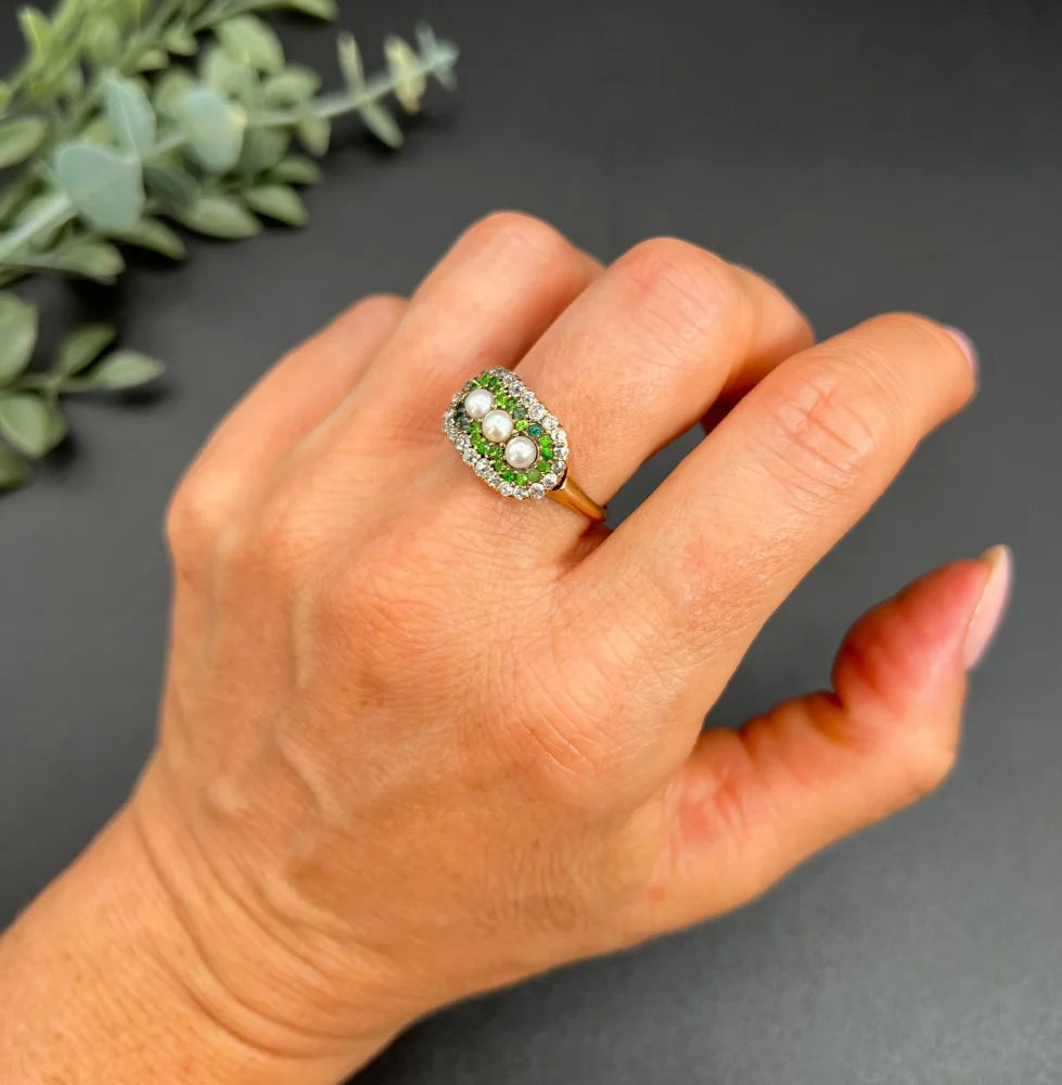 Antique Trilogy Cluster Ring In 18 Carat Yellow Gold With Gemstones