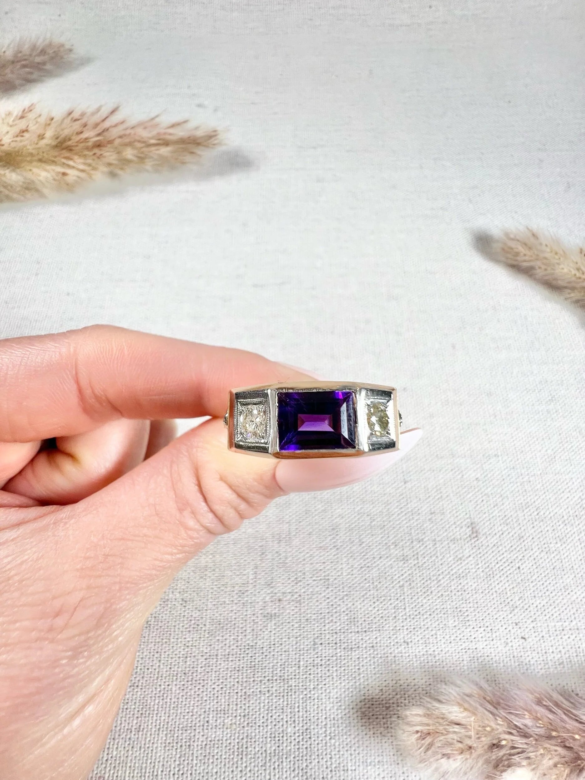 Vintage 18 Carat Gold Amethyst and Brilliant Cut Diamond Fraternity Ring, Circa 1950