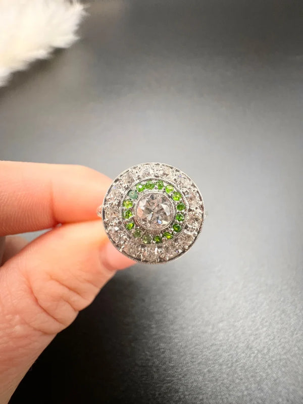 Edwardian Antique Demantoid Garnet and Diamond Target Cluster Ring