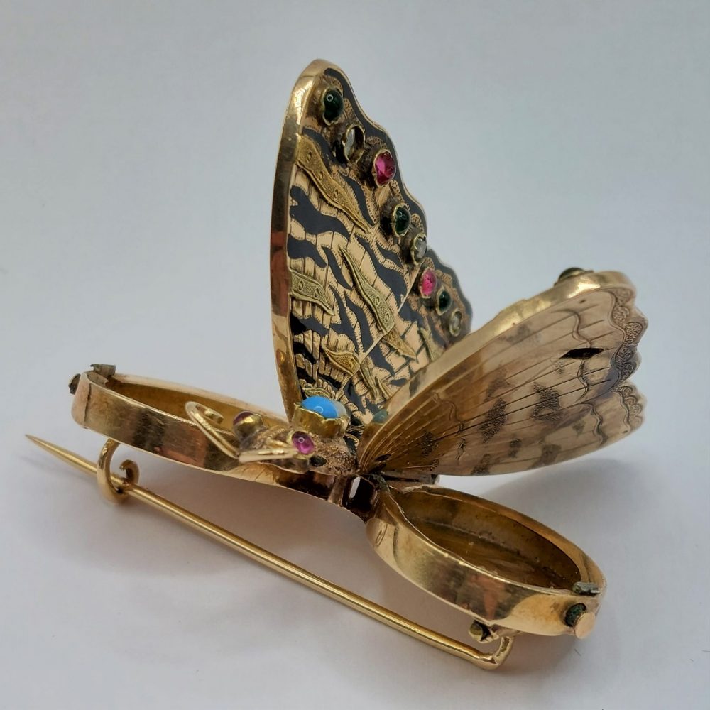Rare Antique Gold Articulated Butterfly Locket Brooch