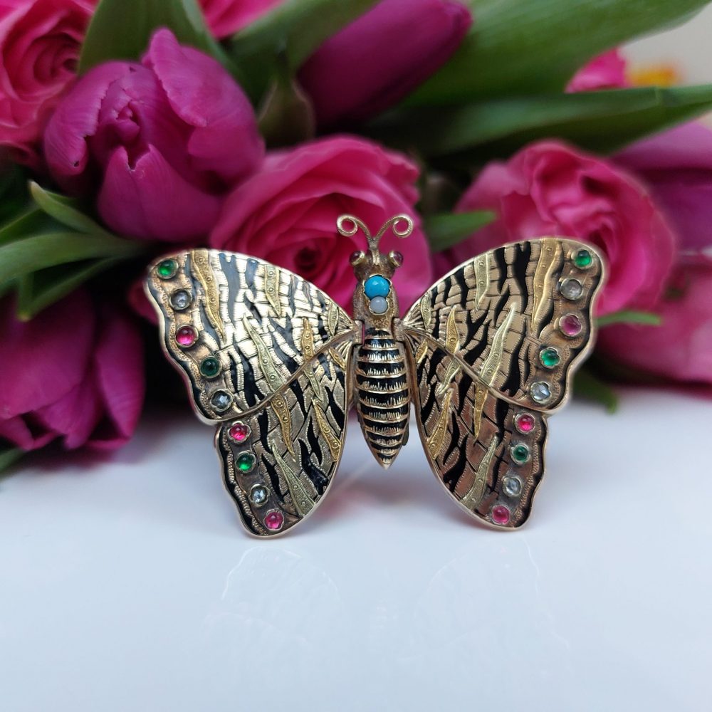 Rare Antique Gold Articulated Butterfly Locket Brooch