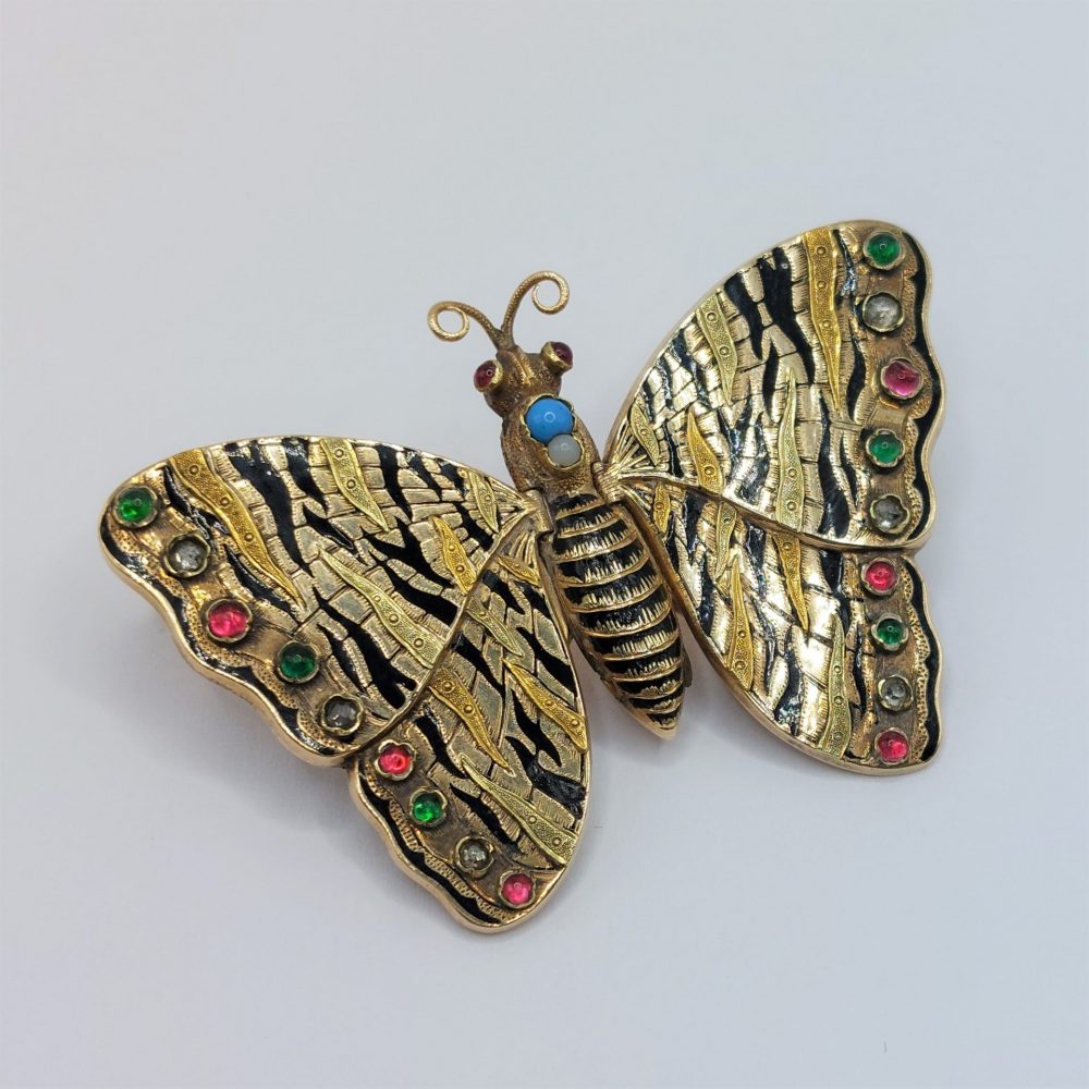 Rare Antique Gold Articulated Butterfly Locket Brooch