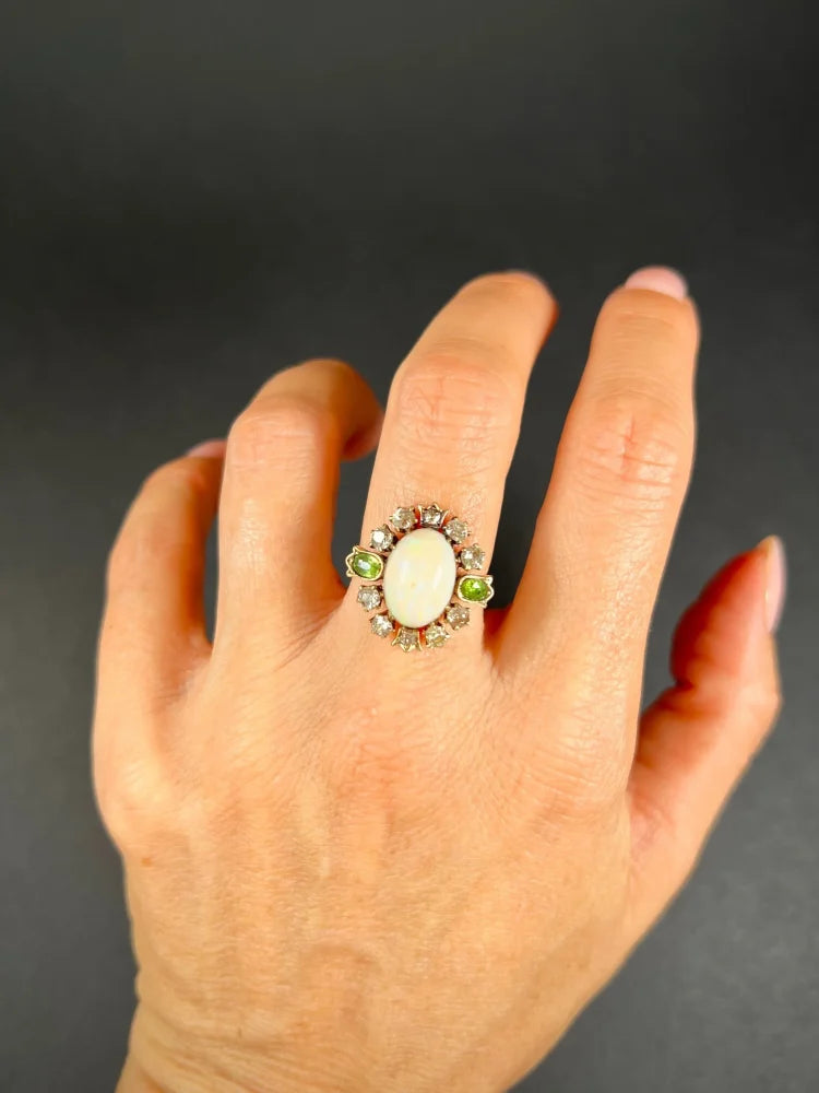 Victorian Antique Opal Diamond and Demantoid Garnet Cluster Ring