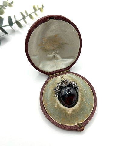 Early Victorian Antique Cabochon Garnet and Diamond Locket Pendant in Original Henry Tessier Box