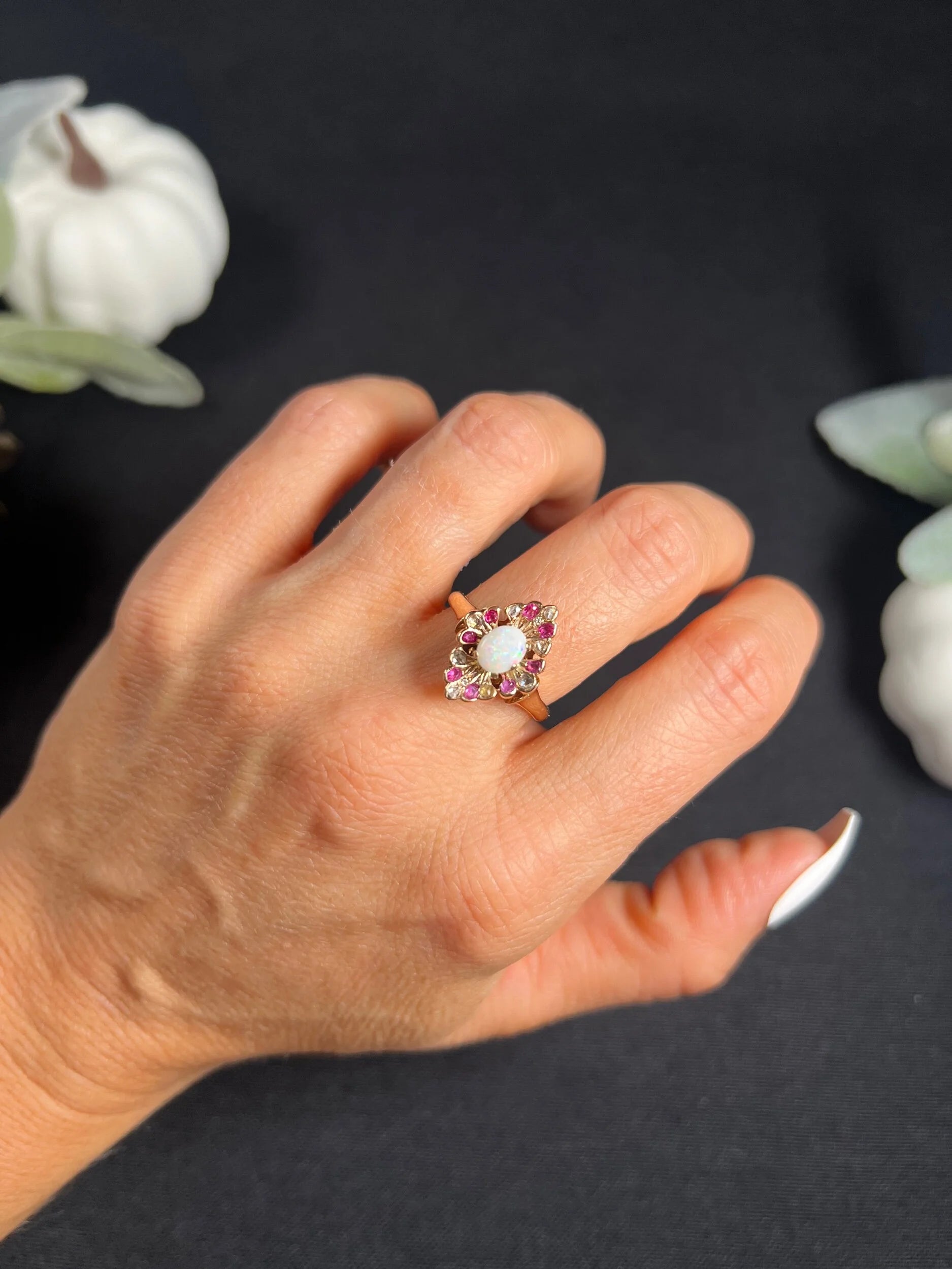 Victorian Antique Opal Ruby and Diamond Marquise Cluster Navette Ring in 18ct Rose Gold