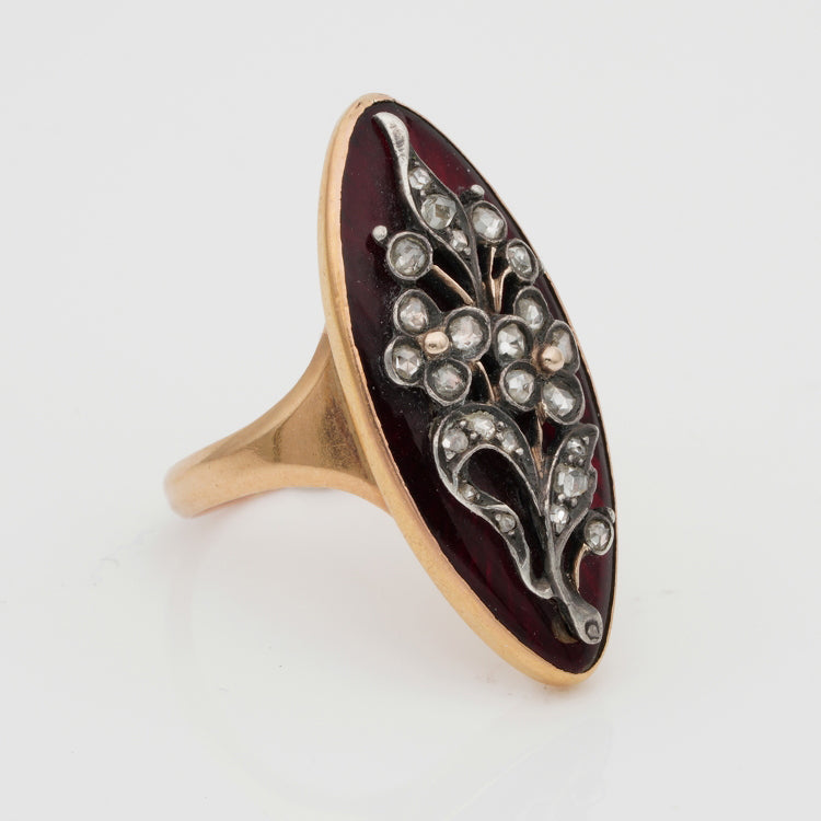 Antique French Georgian Red Enamel and Rose Cut Diamond Floral Giardinetti Navette Ring