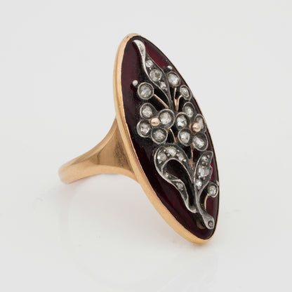 Antique French Georgian Red Enamel and Rose Cut Diamond Floral Giardinetti Navette Ring