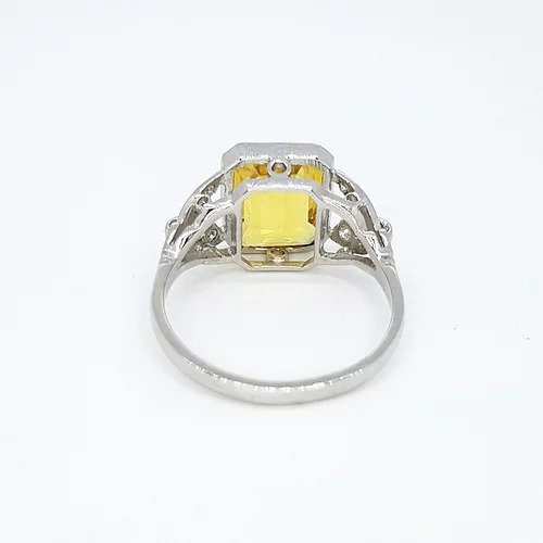 Emerald Cut Yellow Sapphire, Diamond and Platinum Ring, 3.20 carats