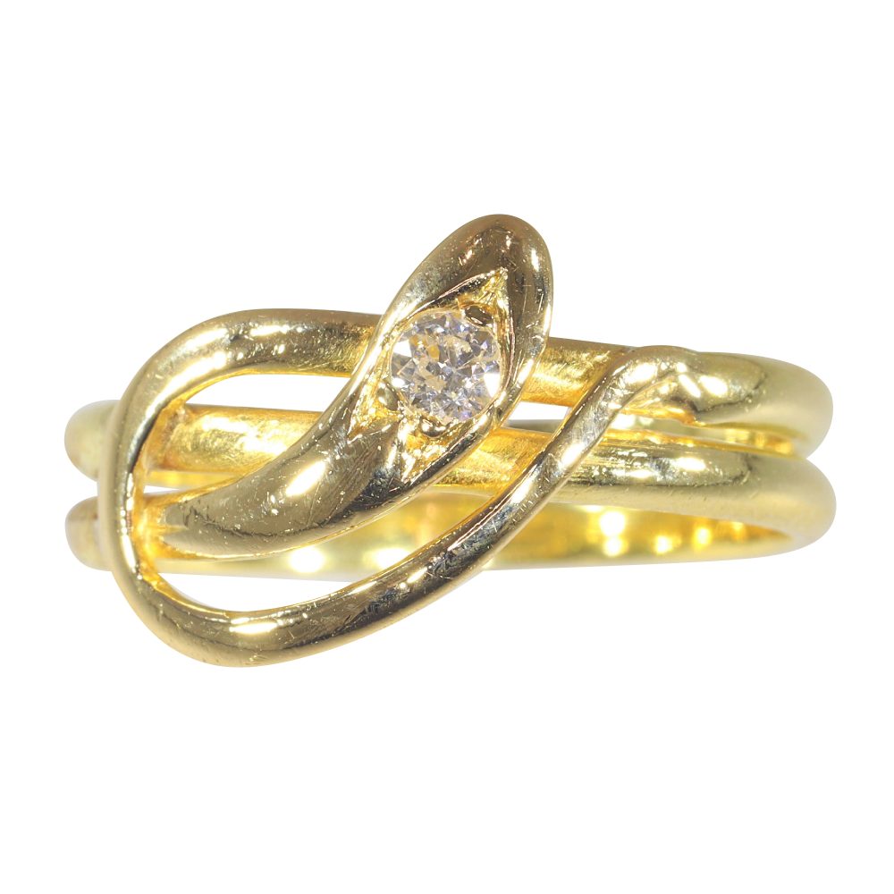 Late Victorian Antique Old Cut Diamond Set 18ct Yellow Gold Snake Ring, Circa 1900