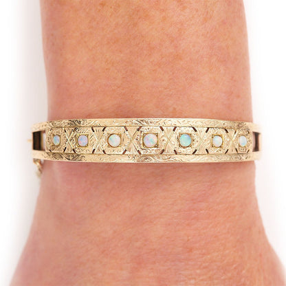 Edwardian Antique 9ct Engraved Gold Bangle with Cabochon Opals