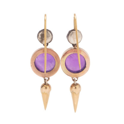 Antique Victorian Cabochon Amethyst and Diamond Drop Earrings