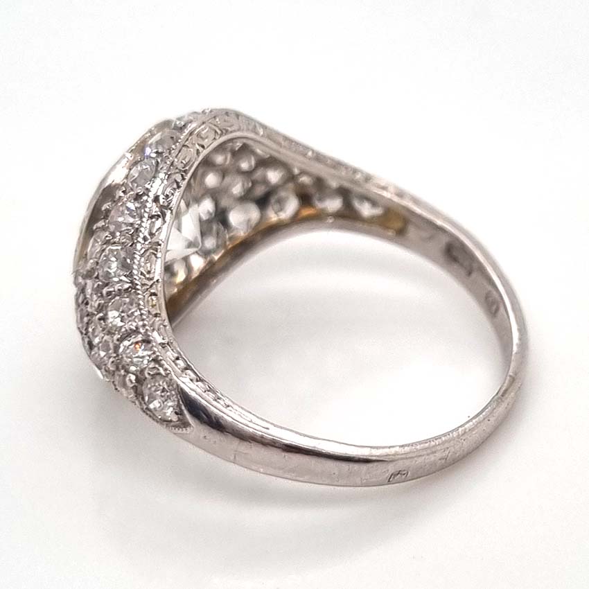 Art Deco 2.8ct Diamond Bombe Cluster Ring, 2.8ct old European transitional cut diamond in single-cut diamond encrusted domed surround in platinum