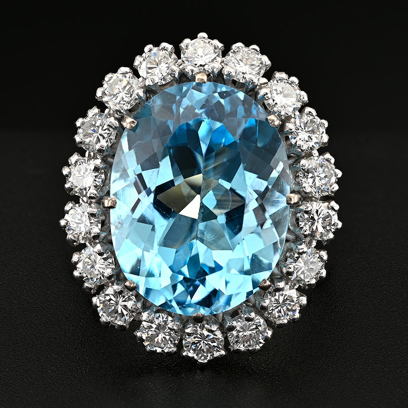 Vintage French 12ct Blue Topaz and Diamond Cluster Ring in Platinum and 18ct White Gold