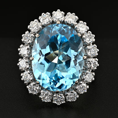 Vintage French 12ct Blue Topaz and Diamond Cluster Ring in Platinum and 18ct White Gold