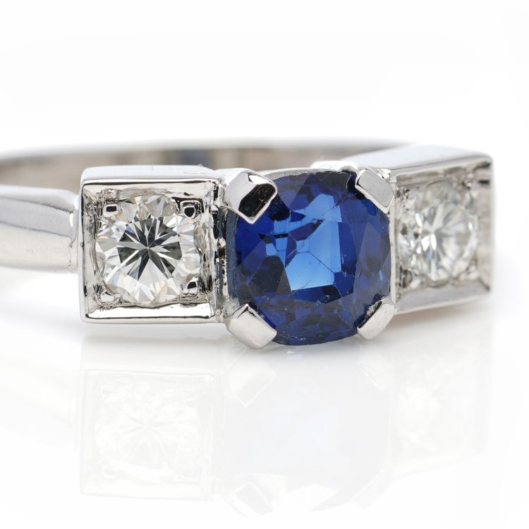 Vintage 0.85ct Sapphire and Diamond Three Stone Ring in Platinum