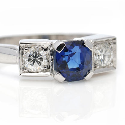 Vintage 0.85ct Sapphire and Diamond Three Stone Ring in Platinum