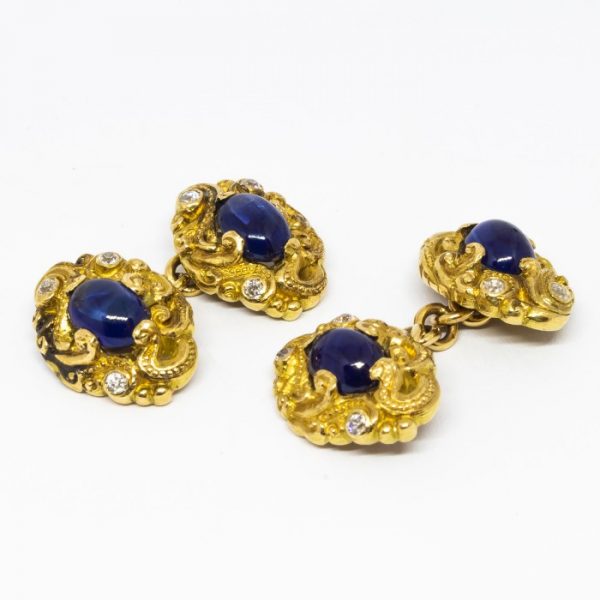 Cabochon Sapphire and Old Cut Diamond Carved Gold Cufflinks