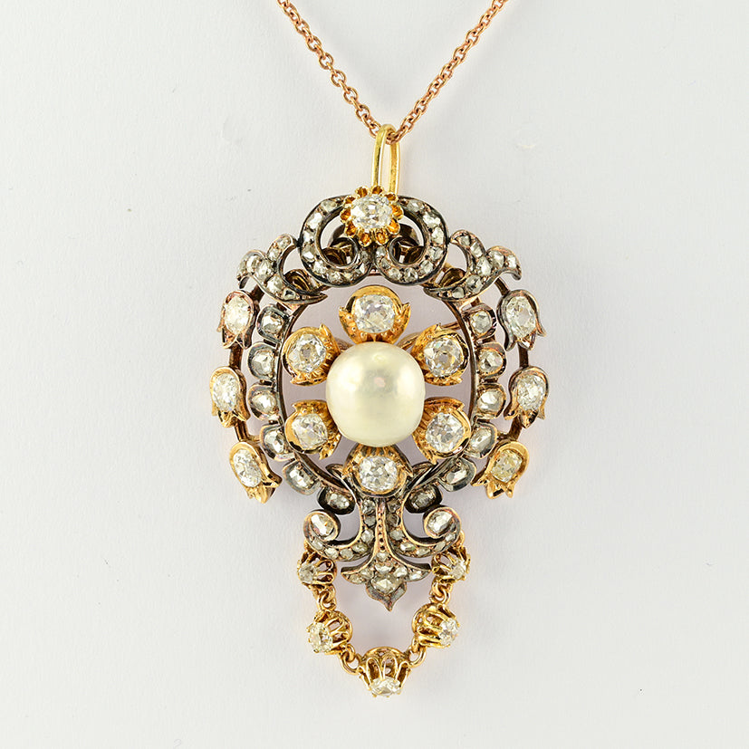 Victorian Antique 4.90ct Old Cut Diamond and Natural Pearl Pendant