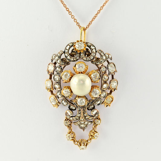Victorian Antique 4.90ct Old Cut Diamond and Natural Pearl Pendant