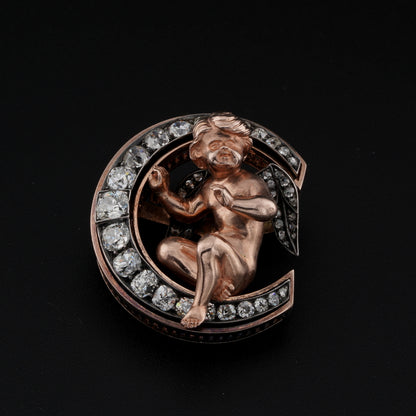 Antique Biedermeier Diamond Crescent Cherub Brooch Pendant