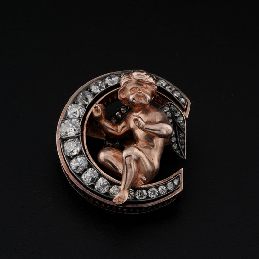 Antique Biedermeier Diamond Crescent Cherub Brooch Pendant