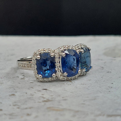Oval Sapphire and Diamond Three Stone Cluster Dress Ring