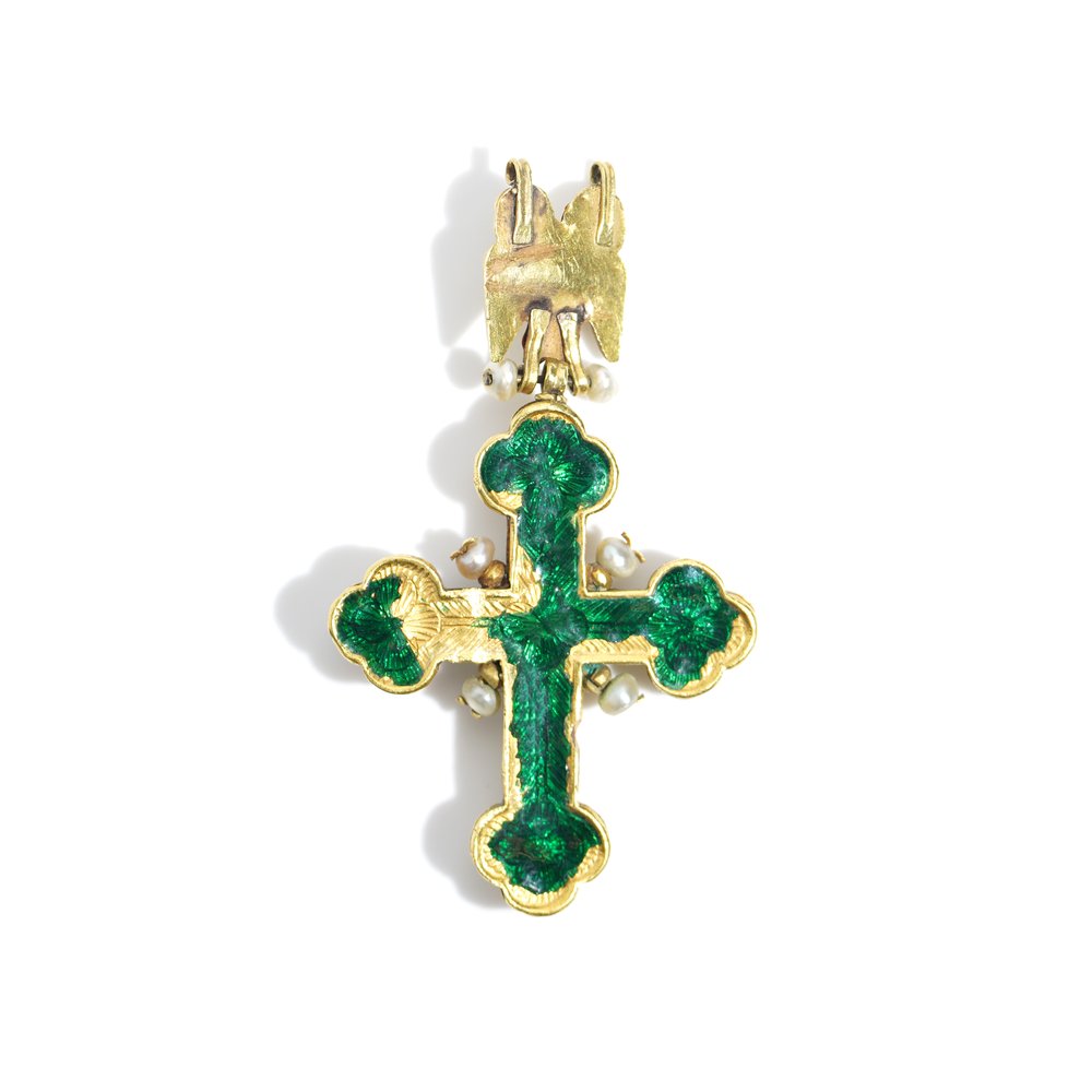 17th Century Antique Italian Multi Gemstone Gold Cross Pendant with Green Enamel Back