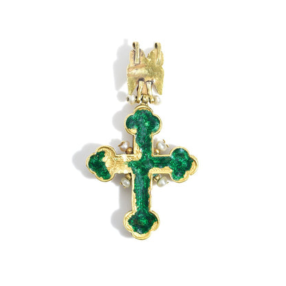 17th Century Antique Italian Multi Gemstone Gold Cross Pendant with Green Enamel Back