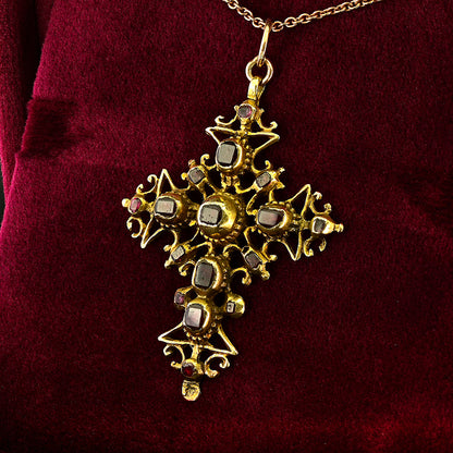 Georgian Antique Table Cut Garnet and Ruby Set 18ct Yellow Gold Cross Pendant, Mid 18th century Circa 1740