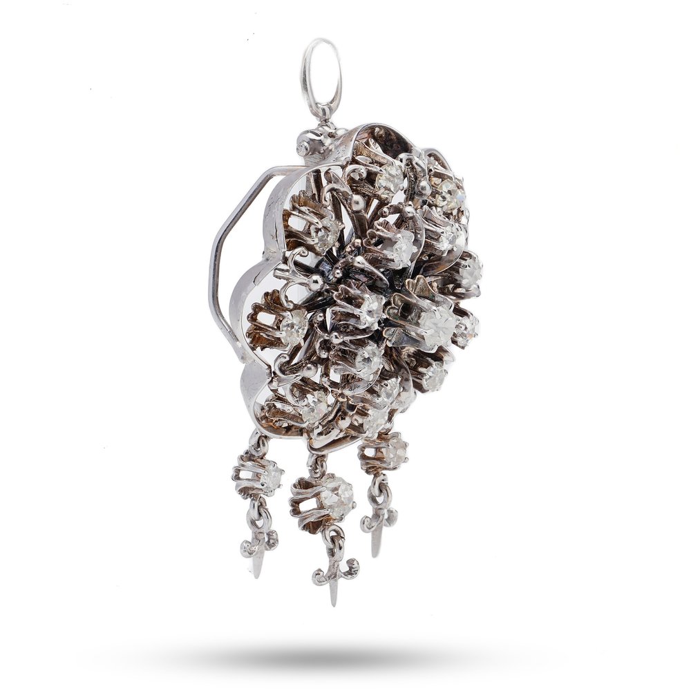 Old Cut Diamond Flower Cluster Pendant Brooch, 3.10 carats