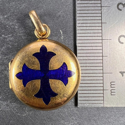 Vintage French Blue Enamel and Gold Cross Locket Pendant, designed as a reliquary for the True Cross text 'Vraie Croix'