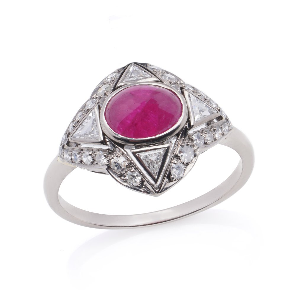 Art Deco Style Vintage 0.75ct Cabochon Ruby and Trillion Diamond Cluster Ring