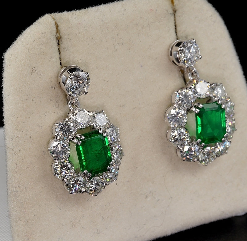 Vintage 2ct Natural Emerald and Diamond Earrings