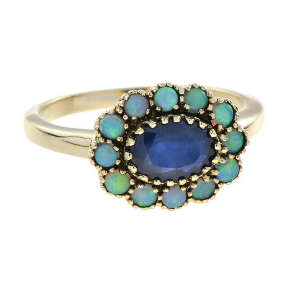 0.90ct Oval Sapphire and Opal Floral Cluster Ring
