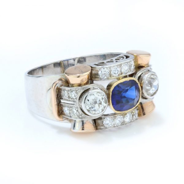 Vintage Sapphire and Old Cut Diamond Dress Ring in 18ct white and yellow gold