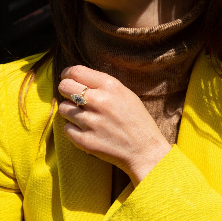 Edwardian Antique Sapphire and Old European Cut Diamond Marquise Cluster Ring