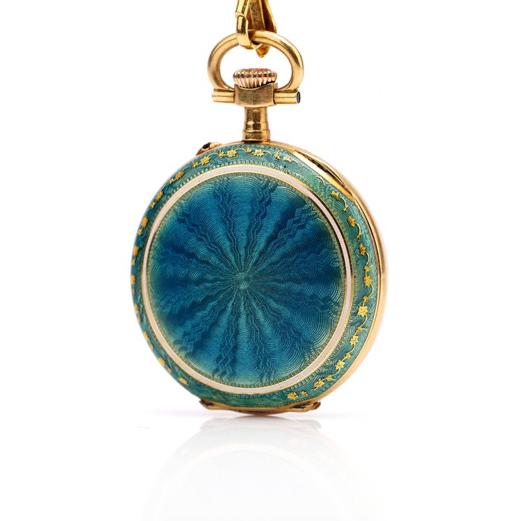 Vintage Gold and Guilloche Enamel Pendant Pocket Watch