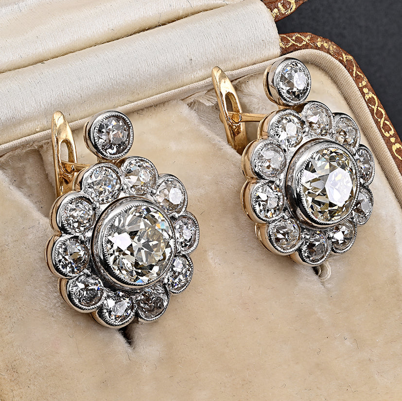 Edwardian Antique 6.40ct Old Cut Diamond Cluster Drop Earrings
