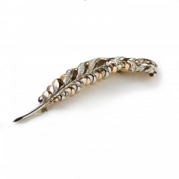 Vintage Gold Diamond Feather Brooch, 3.50 carat total