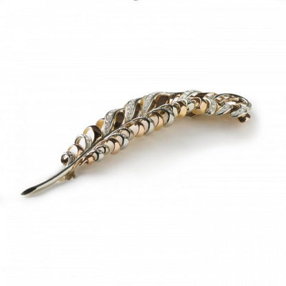 Vintage Gold Diamond Feather Brooch, 3.50 carat total