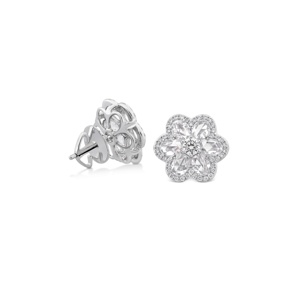 Rose Cut Diamond Blossom Floral Stud Earrings, 2.97 carats