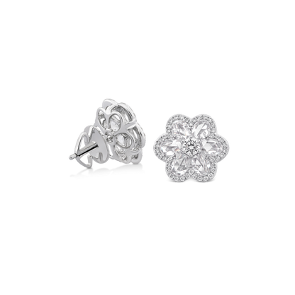 Rose Cut Diamond Blossom Floral Stud Earrings, 2.97 carats