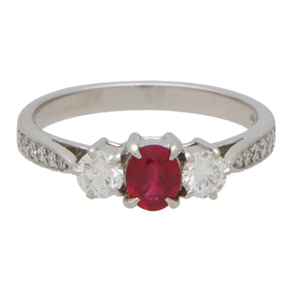 0.42ct Oval Ruby and Diamond Three Stone Engagement Ring in Platinum