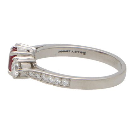 0.42ct Oval Ruby and Diamond Three Stone Engagement Ring in Platinum