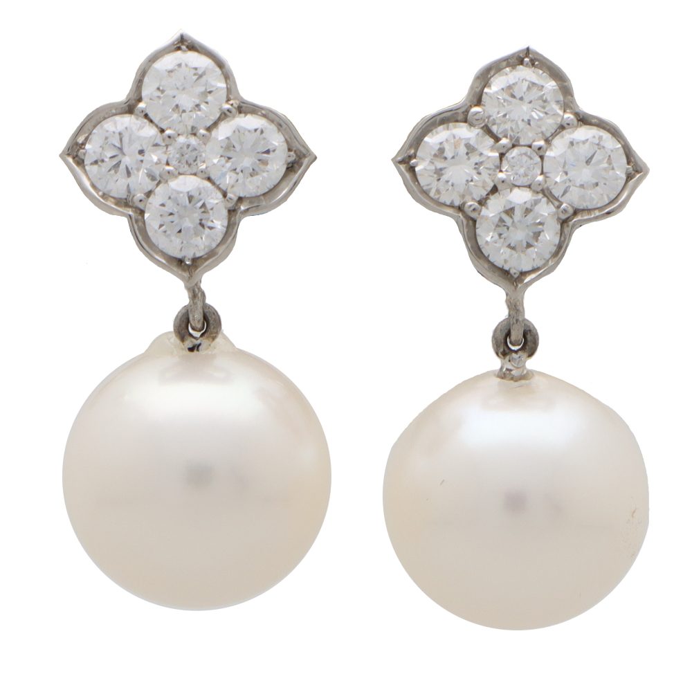 Modern 0.66ct Diamond and Pearl Drop Earrings Platinum