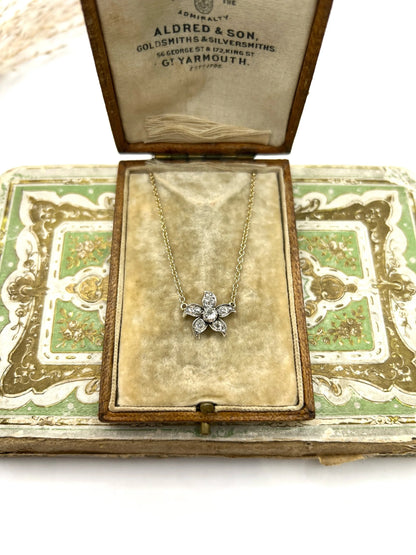 Antique 9 Carat Gold, Victorian Old Cut Diamond Flower Pendant Necklace